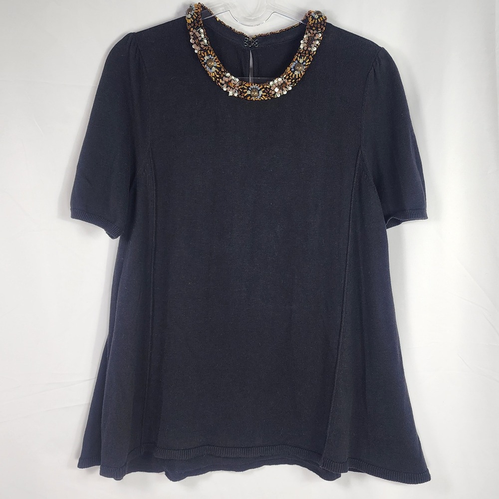 Anthropologie Beaded Collar Knit Top Minimalist Quiet Luxury Capsule Chic Medium